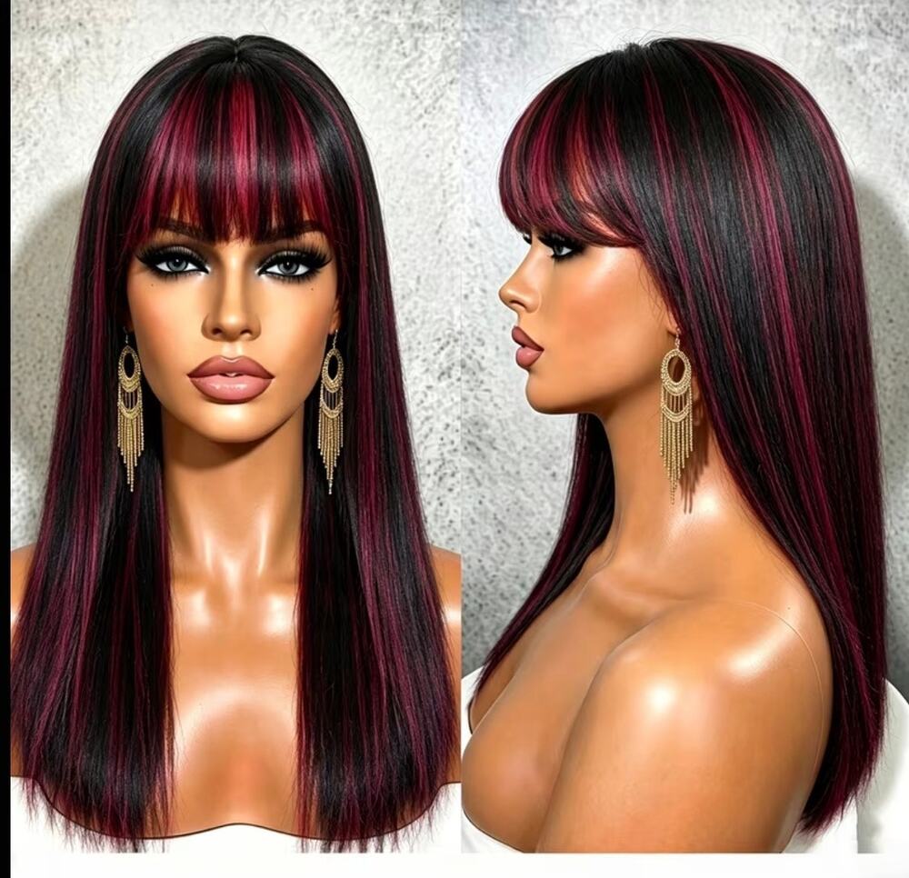 20” long black synthetic wig with pink highlights